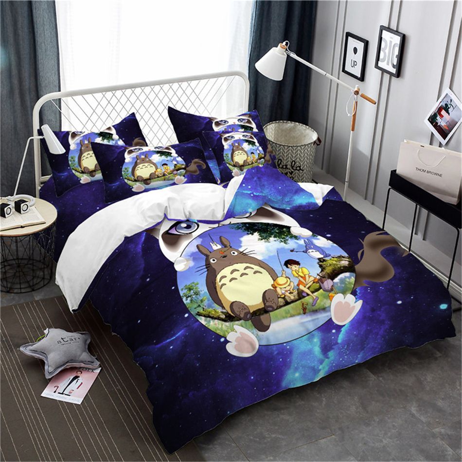 3d Totoro Duvet Cover Dark Blue Galaxy Bedding Cartoon Cat Print