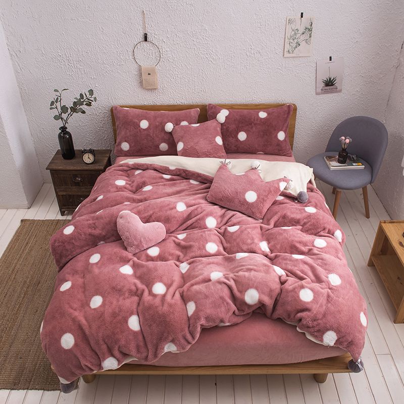 Pink White Gray Fleece Fabric Wave Point Printing Girl Bedding Set