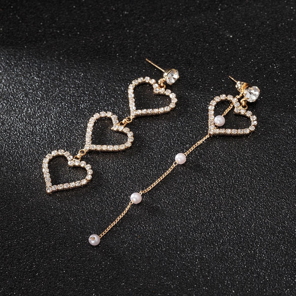 2020 Korean Girl Heart Shaped Asymmetric Earrings Simple Rhinestone Pearl Chain Earrings Jewelry
