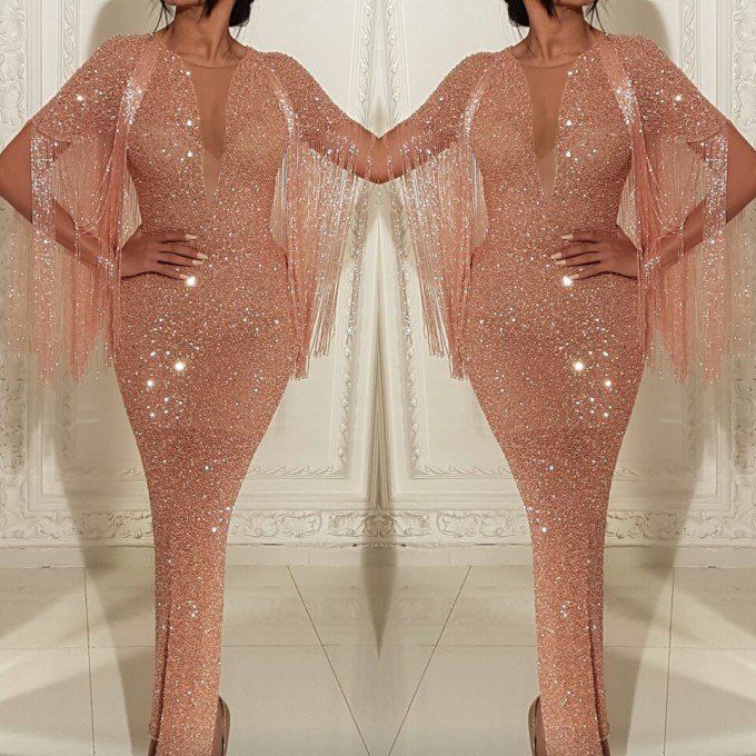 Sparkly Sheath Evening Dresses Jewel Neck Tassel Short Sleeves