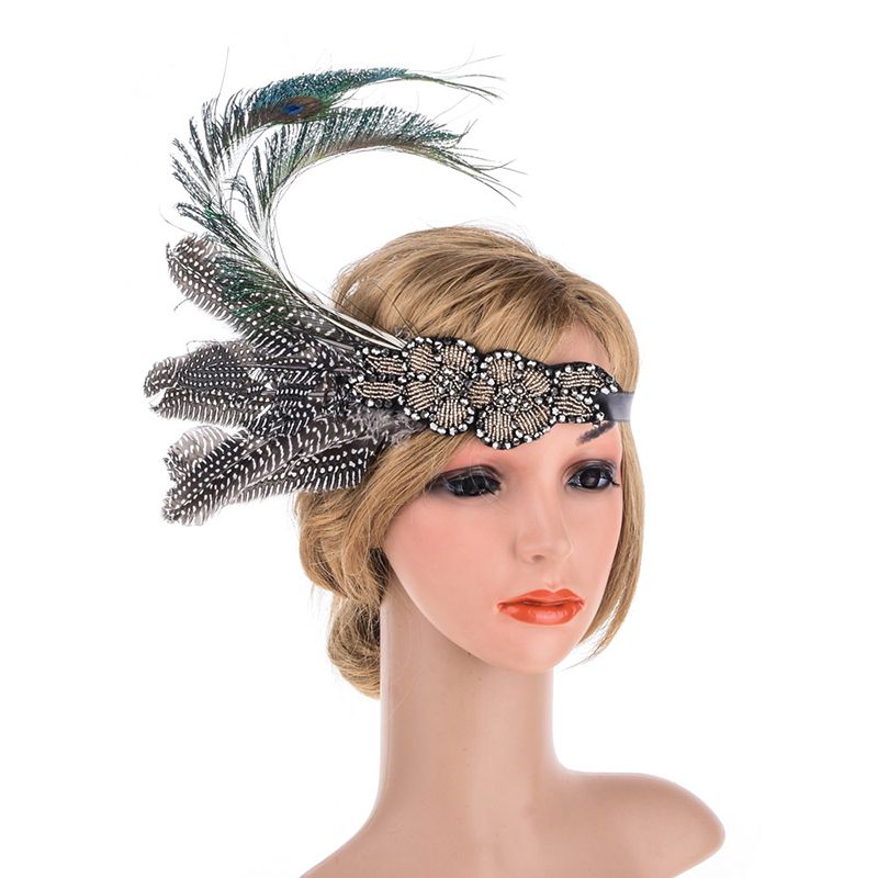 2020 Feathers Silver Beaded Flapper Headband 1920s Girls Feather