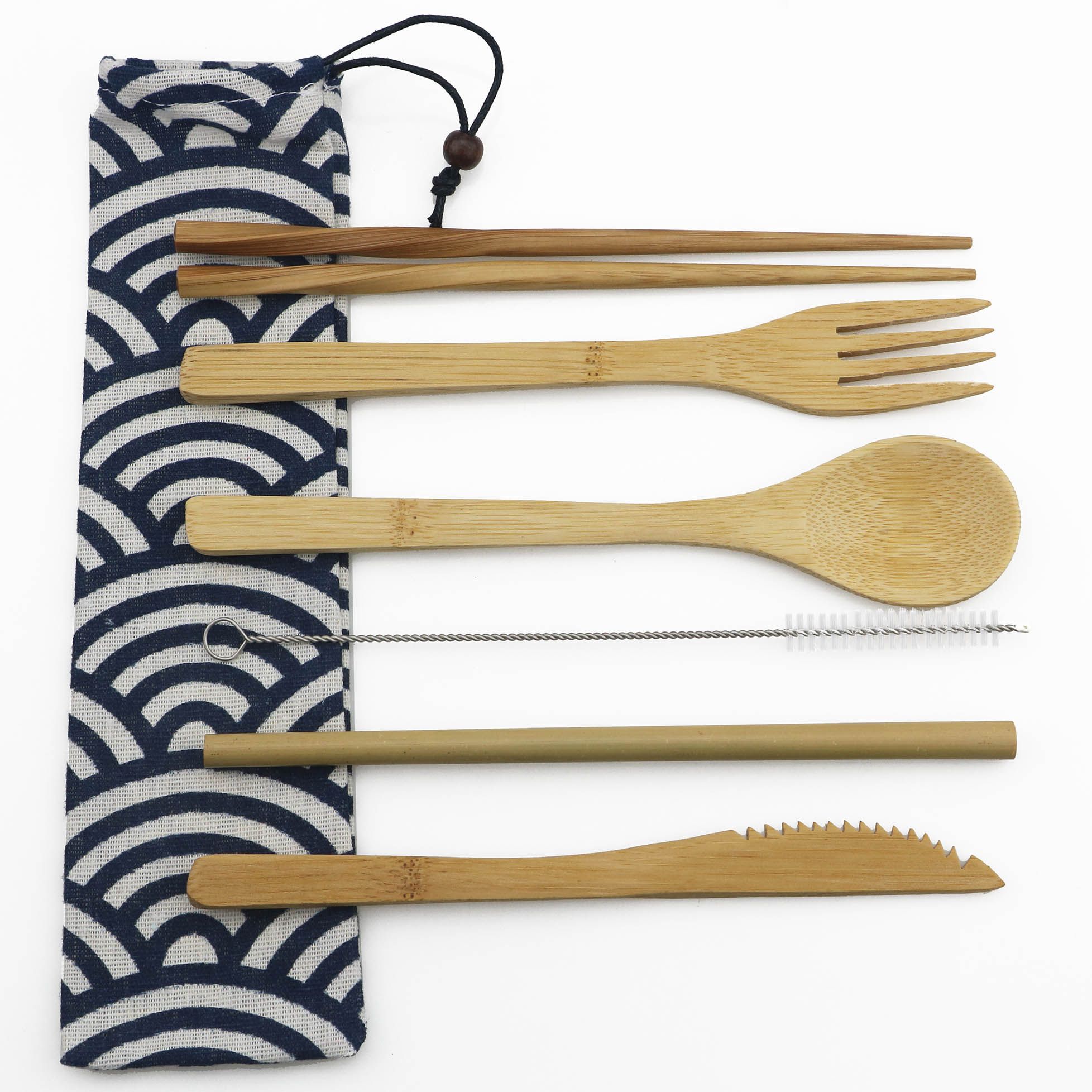 UK Portable Bamboo Cutlery Travel Eco-friendly Fork Spoon Straw Set Kit W//Pouch