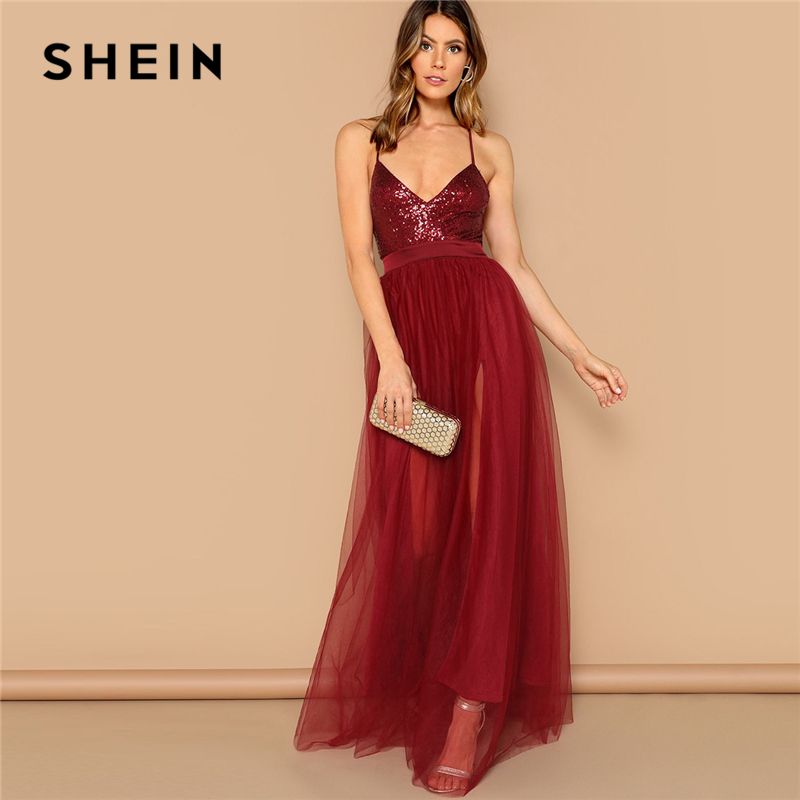 Shein de Borgoña entrecruzado espalda abierta parcheado con tiras vestido largo las mujeres en forma de té Sólido y la llamarada Vestidos fiesta Mesh