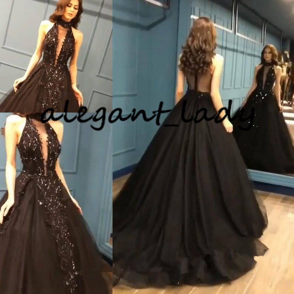 Compre Vestido De Fiesta Negro Lentejuelas Rebordear Vestidos De Baile 2019  Cuello Alto Falda Extravagante Árabe Dubai Ocasión Modesto Sin Mangas  Vestido De Noche Con Cuello En V A 150,94 € Del