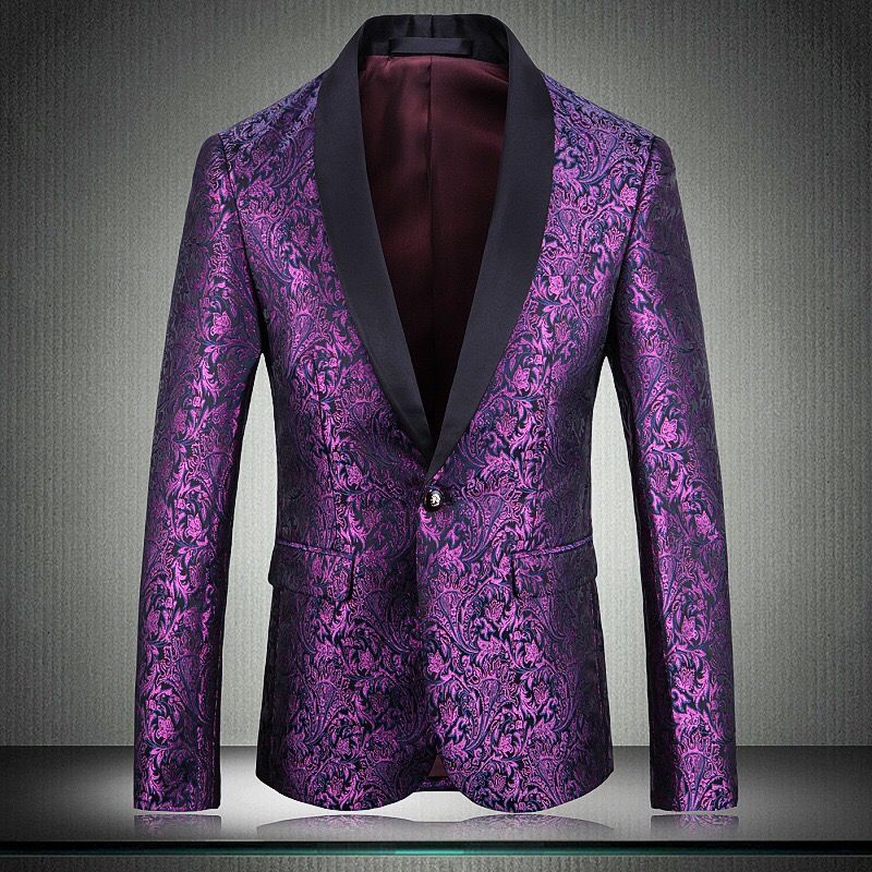 Mens Floral Lapel Suit Blazer Jacket One Button Formal Business Coat