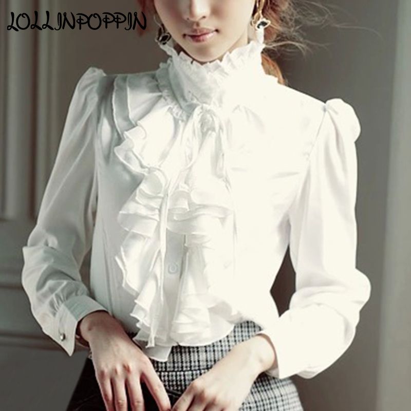 Compra Camisas De Las Blusas De Las Mujeres Camisa De Lolita De La Manga  Larga De La Manga Larga Del Collar De La Gasa Con Volantes 2021 Ladies Bow  Style Royal Style