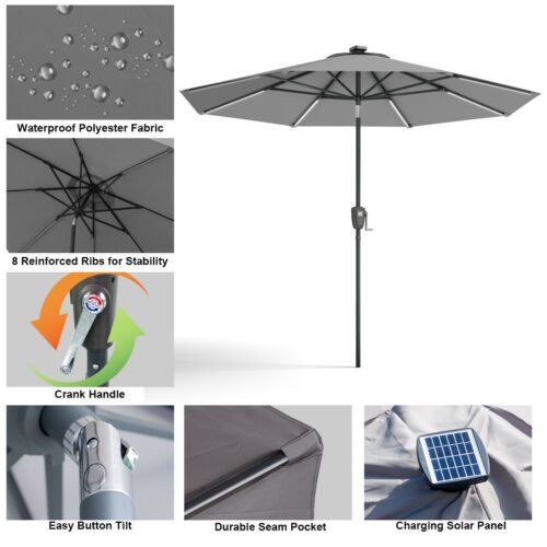 2020 9 Ft Patio Solar Umbrella Led Tilt Deck Waterproof Garden Market Beach Gray From Jiaozongxiao668 103 79 Dhgate Com