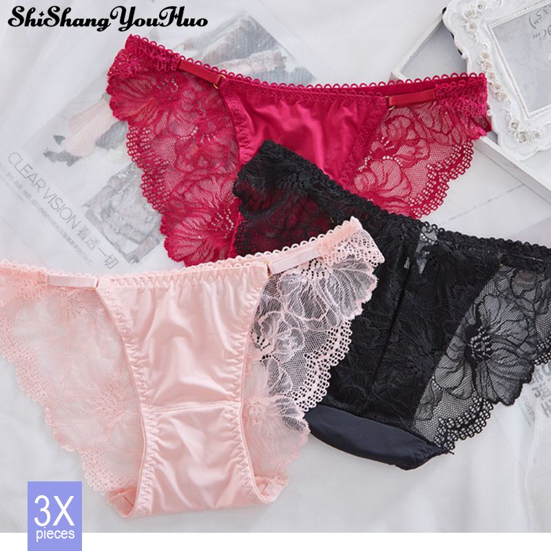 3pcs Lace Panties For Seamless Underwear Briefs Silk For Lingerie Low Waist Pant