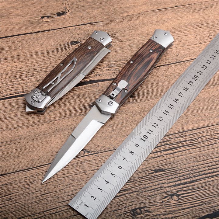 New Horizontal Automatic Tactical Folding Knife 8Cr13 Satin Blade Wood