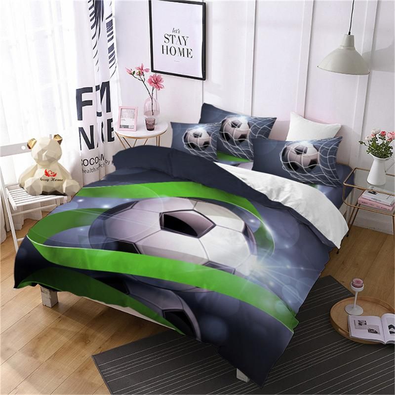 3D Football Bedding Set Blue Green Soccer Ball Printed Duvet Cover Set