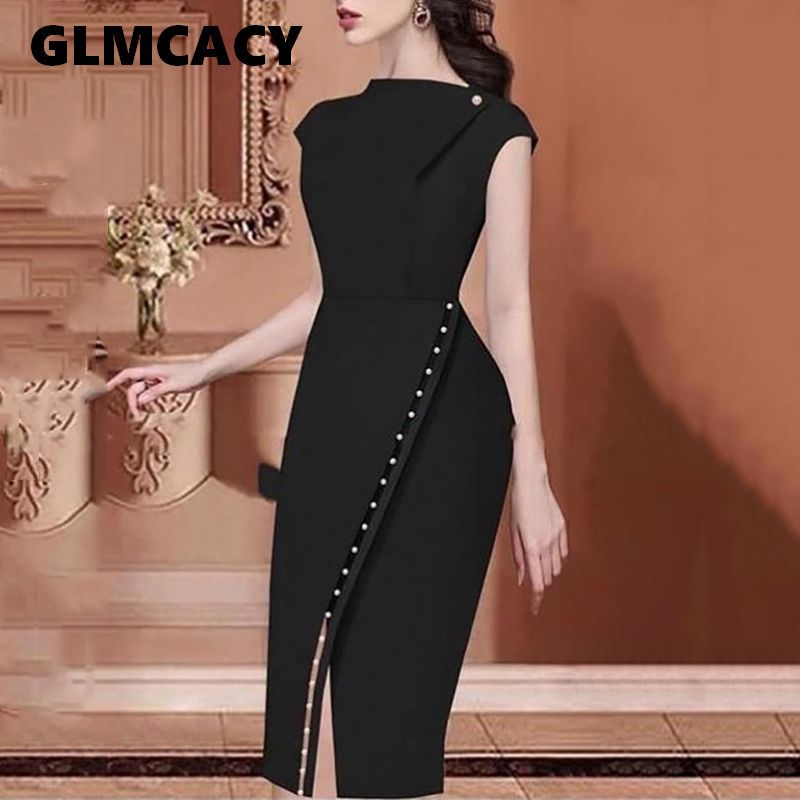 Compra Mujeres Elegante Elegante Casual Oficina Señora Ropa De Trabajo  Vestido De Fiesta Hendidura Botón Sólido Rebordear Embellecido Ranura  Irregular Vestido Midi Barato | Entrega Rápida Y Calidad | Es.Dhgate