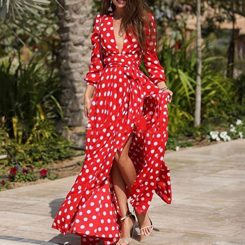 Compra Vestido De Manga Larga De Lunares Liva Para Mujer Vestido De Manga  Larga Roja Vestidos De Boho Para Mujeres 2019 V Cuello En V Sexy Alta  Túnica Dividida Barato | Entrega