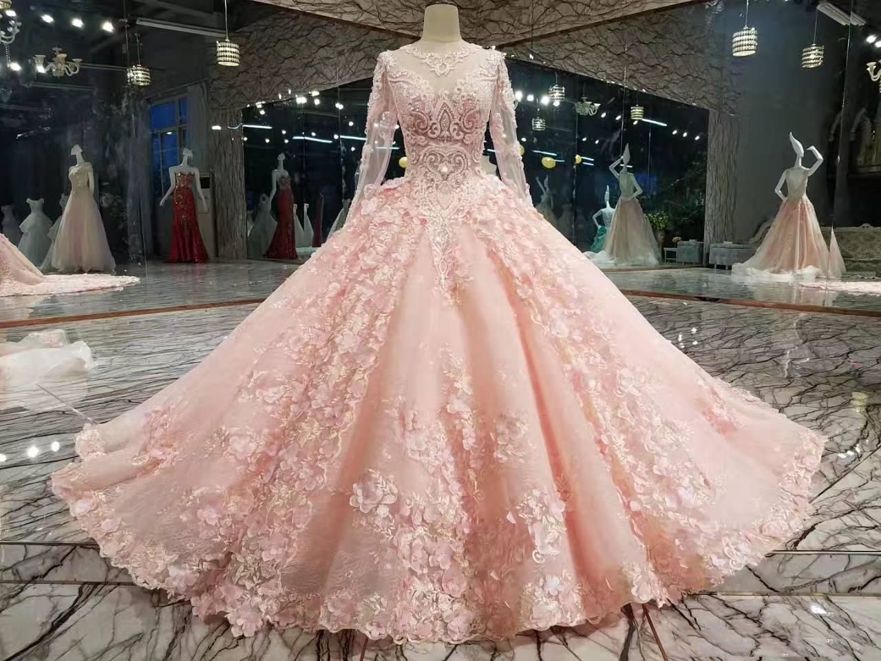 2020 Pearl Pink 3D Flowers Ball Gown Wedding Drseses Luxury Long Sleevs  Jewel Neck Lace Plus