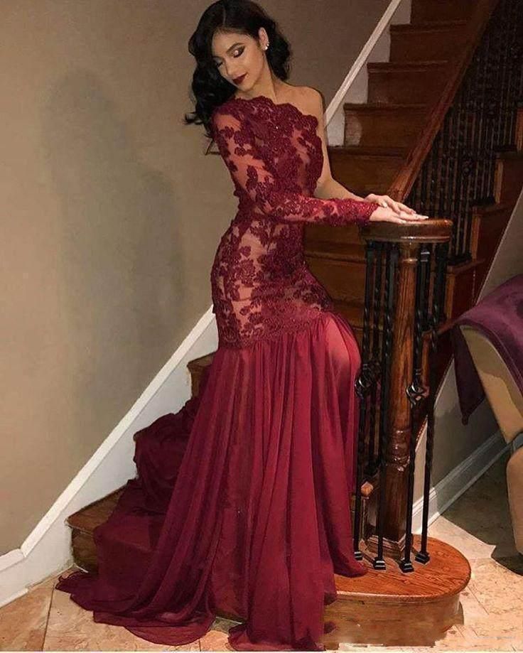 2019 Nuevos vestidos de graduación de manga larga de un color rojo oscuro con apliques de 2019 Nuevos vestidos de graduación de manga larga de un color rojo oscuro con apliques de