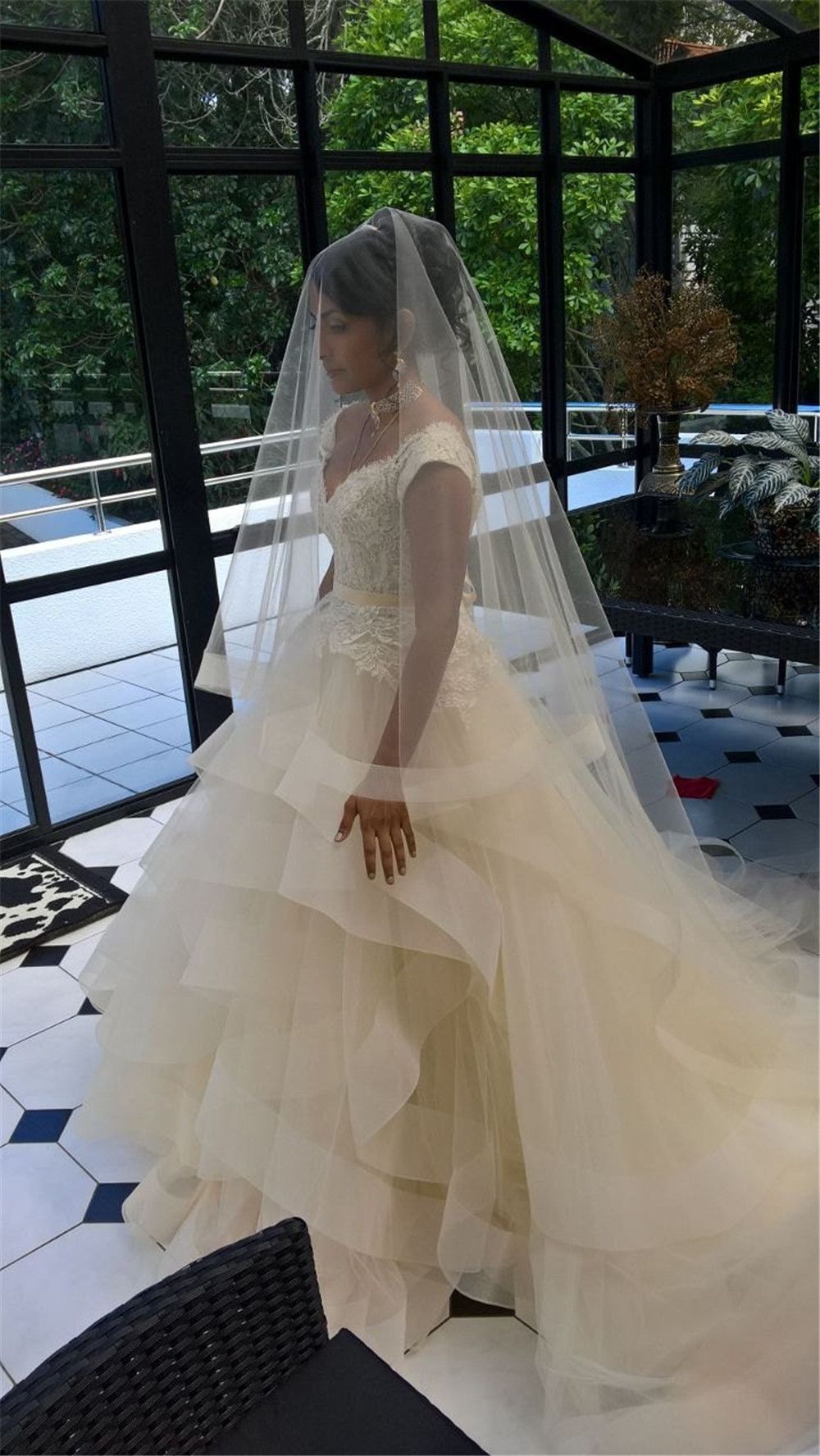 Chapel Long Wedding Veil With Pompon Long Hair 2 Layer Bridal Veil