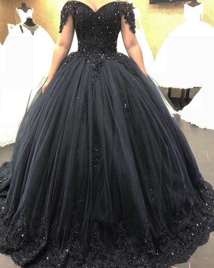 DiscountLong Puffy Black Ball Gown Gothic Wedding Dresses Off The Shoulder Beaded Lace Corset 