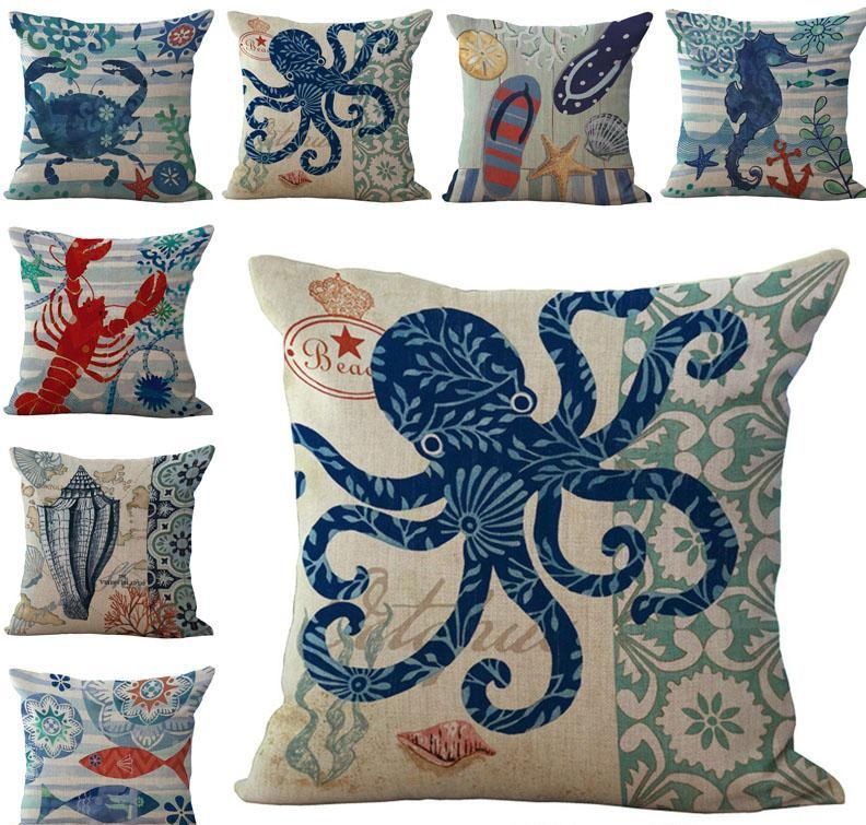 Sea Life Starfish Conch Sea Horses Octopus Pillow Case Cushion