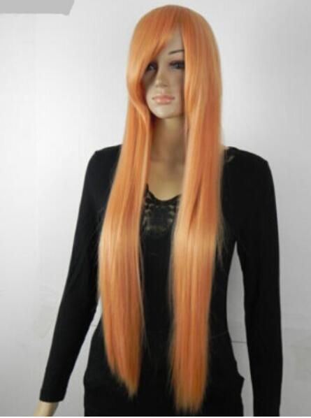 Wig Light Orange Women Straight Bangs Daily Cosplay Long Hair Full