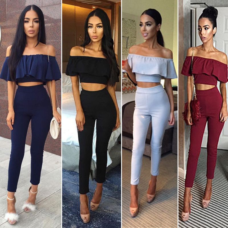 Compra Traje De 2 Piezas, Top Corto Y Pantalón, Mujer, Conjunto 2019,  Verano, Otoño, Nueva Moda, Volantes, Top Y Pantalones, Ropa Casual, Mujer.  Barato | Entrega Rápida Y Calidad | Es.Dhgate