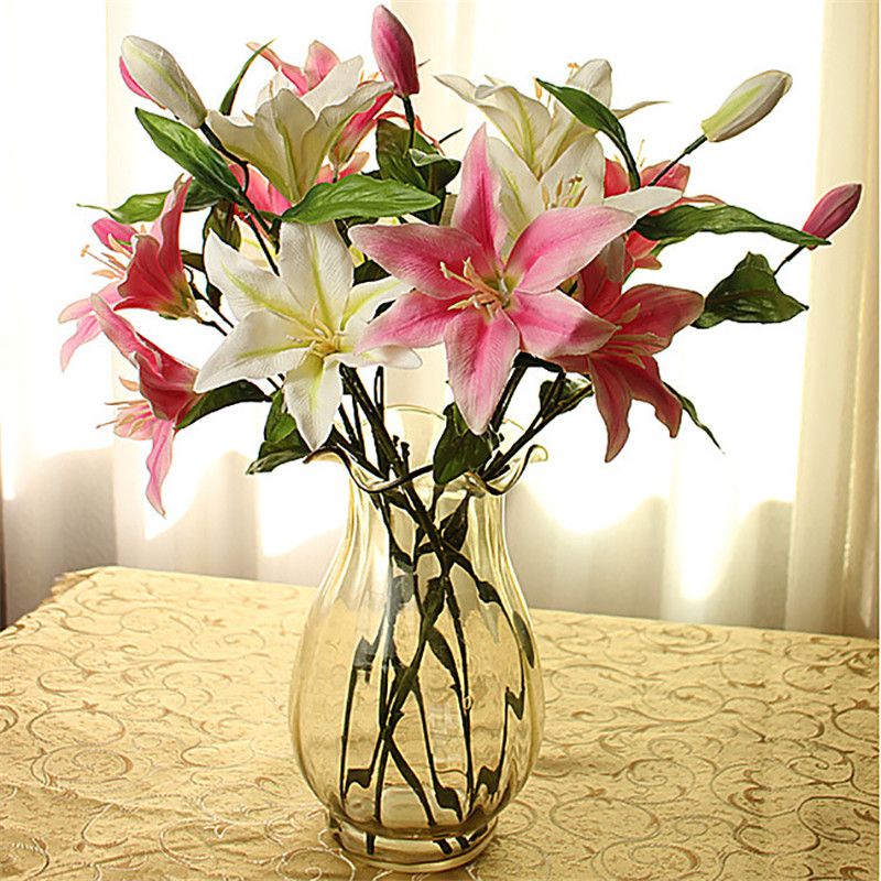 Falso lírio de flores lírios artificiais três cabeças de seda branco / rosa  / rose red lily flor hastes para decoração de mesa de casamento em casa