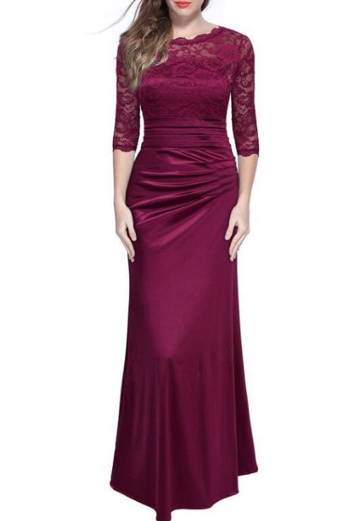 Red Satin Dress Lace Evening Prom Dresses Long 2019 Sheer Neck 1/2 ...