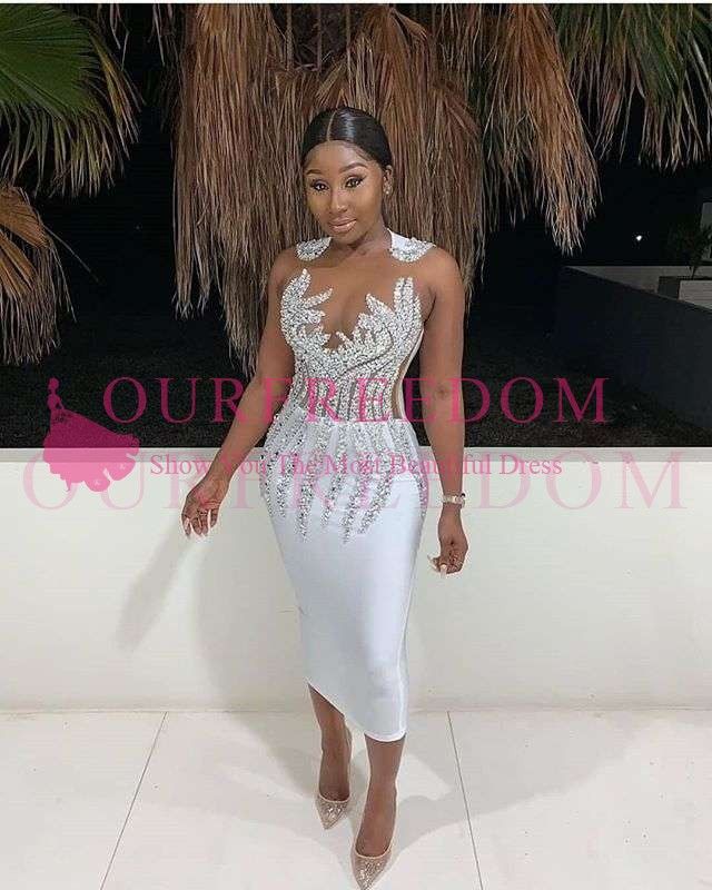 2021 White Sheath Sequins Beaded 