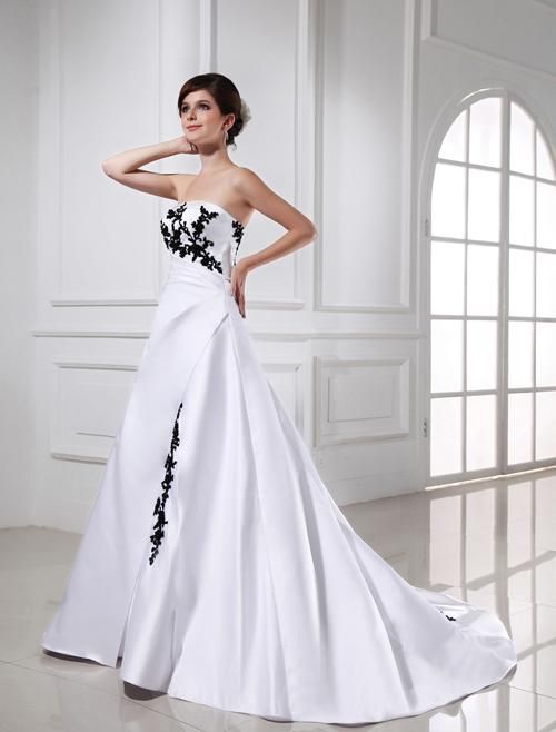 Discount Romantic Black And White Wedding Dress A Line Satin Sweep
