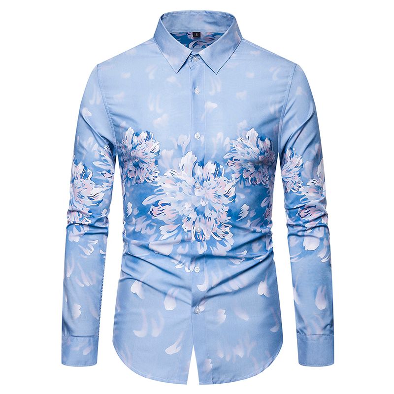 Sky Blue Floral Printing Shirt Men New 