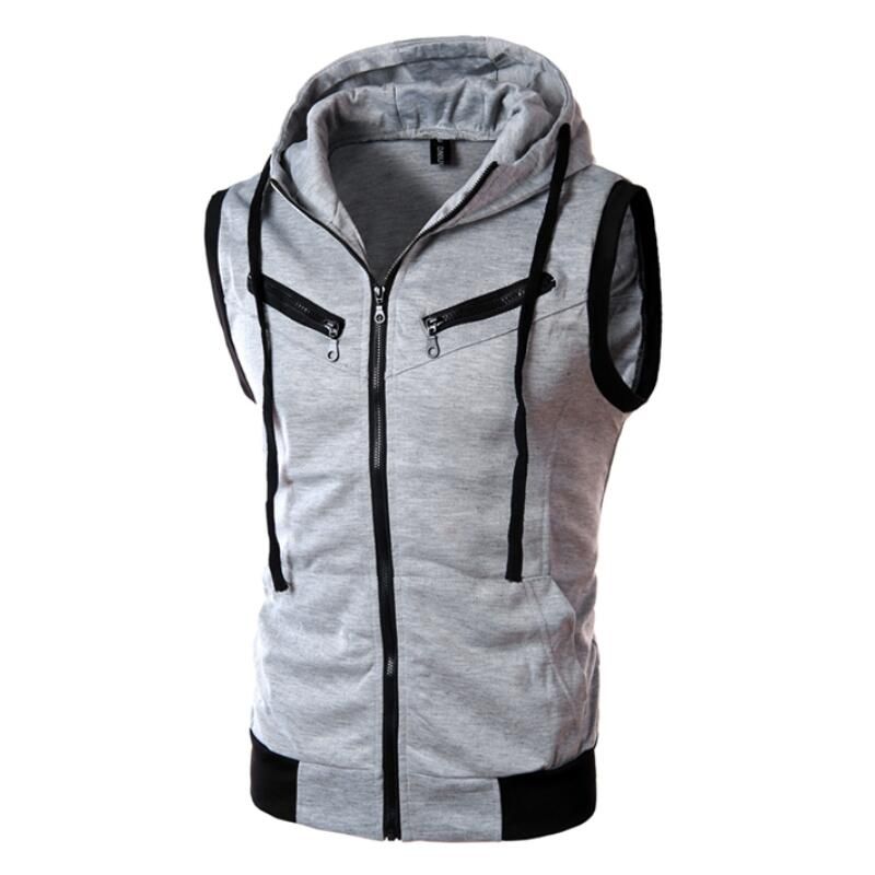 YYear Mens Casual Zip Solid Color Sleeveless Hooded Fitness Vest 