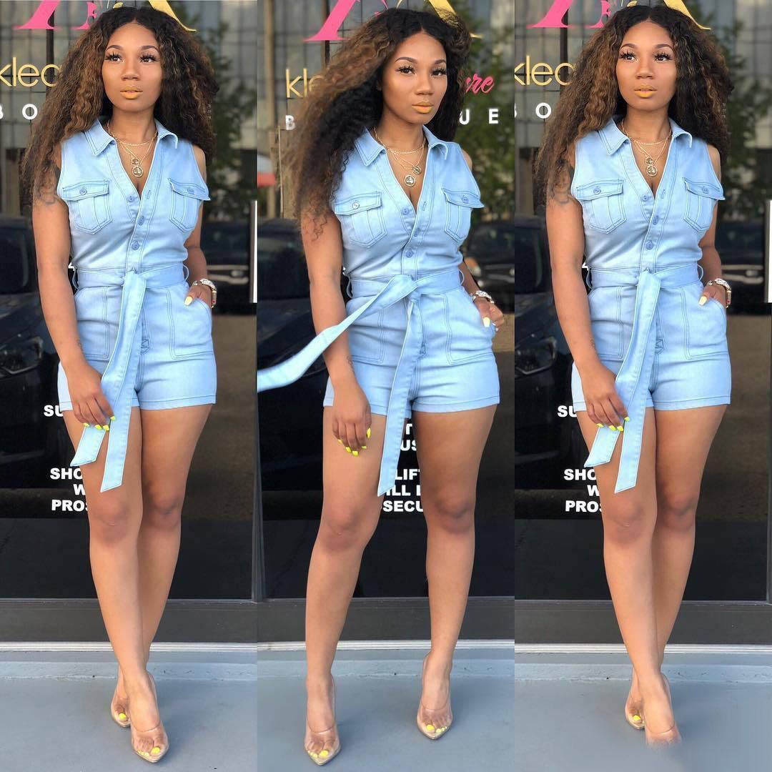 Washed Denim Romper Hot Sexy Buttons 