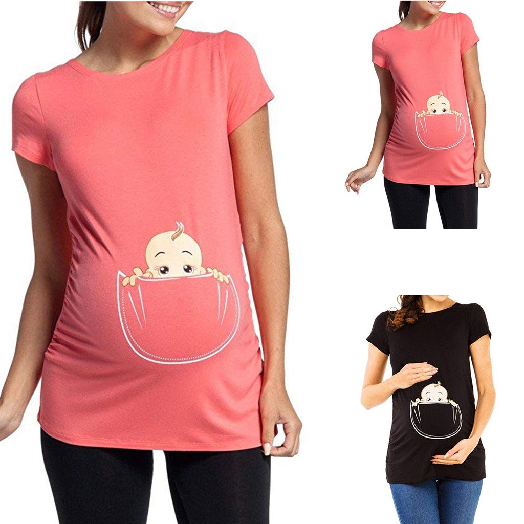 2021 Summer Maternity T Shirts Cute Pocket Baby Print Cotton T Shirt