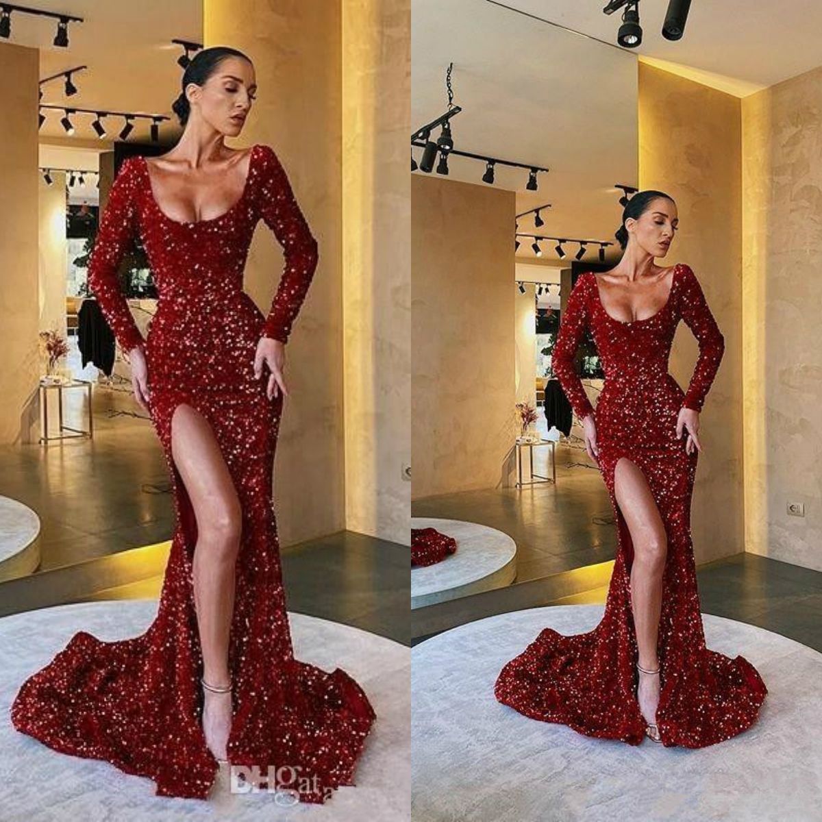 Sexy Sequined Red Prom Dresses 2020 Scoop Neck Long Sleeve Evening