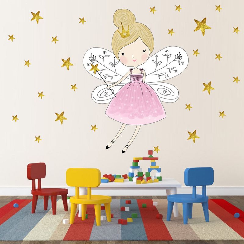 Gold Stars Beautiful Fairy Girl Vinyl Wall Sticker For Kids