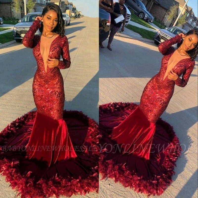red prom dress with feathers