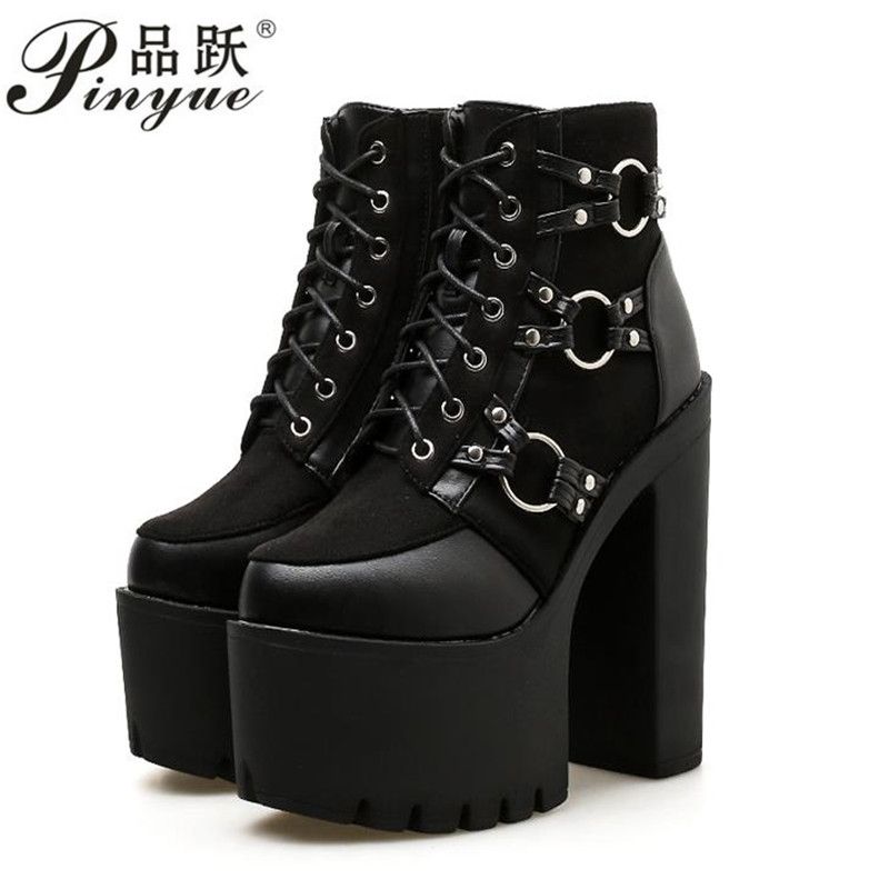 Womens Chunky High Block Heel Boots Ladies Wedge Lace Up Platform Ankle Shoes