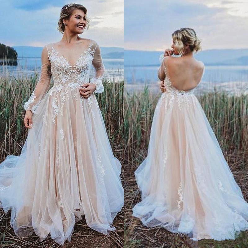 Discount Champagne Ivory Bohemian Wedding Dresses With Long Sleeve