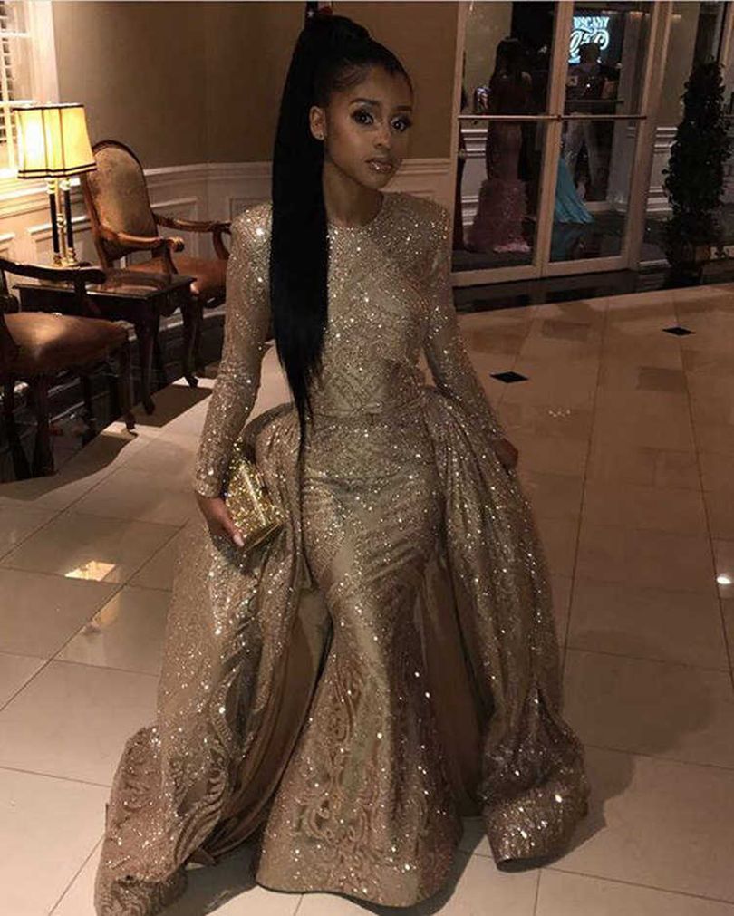 Arabic Black Girls Prom Dresses 2019 Sparkly Long Sleeves With