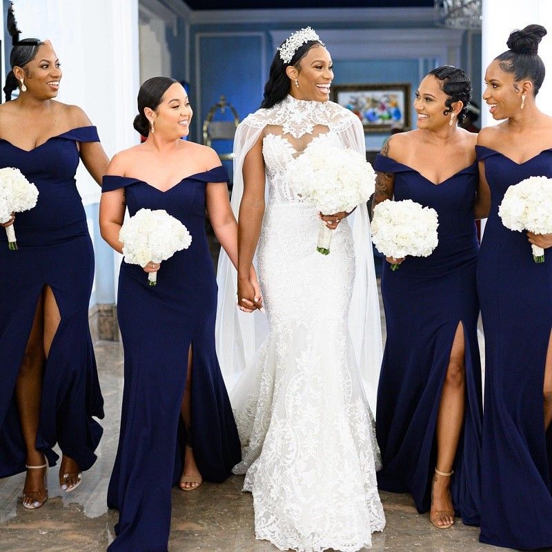 navy blue bridesmaid dresses off the shoulder