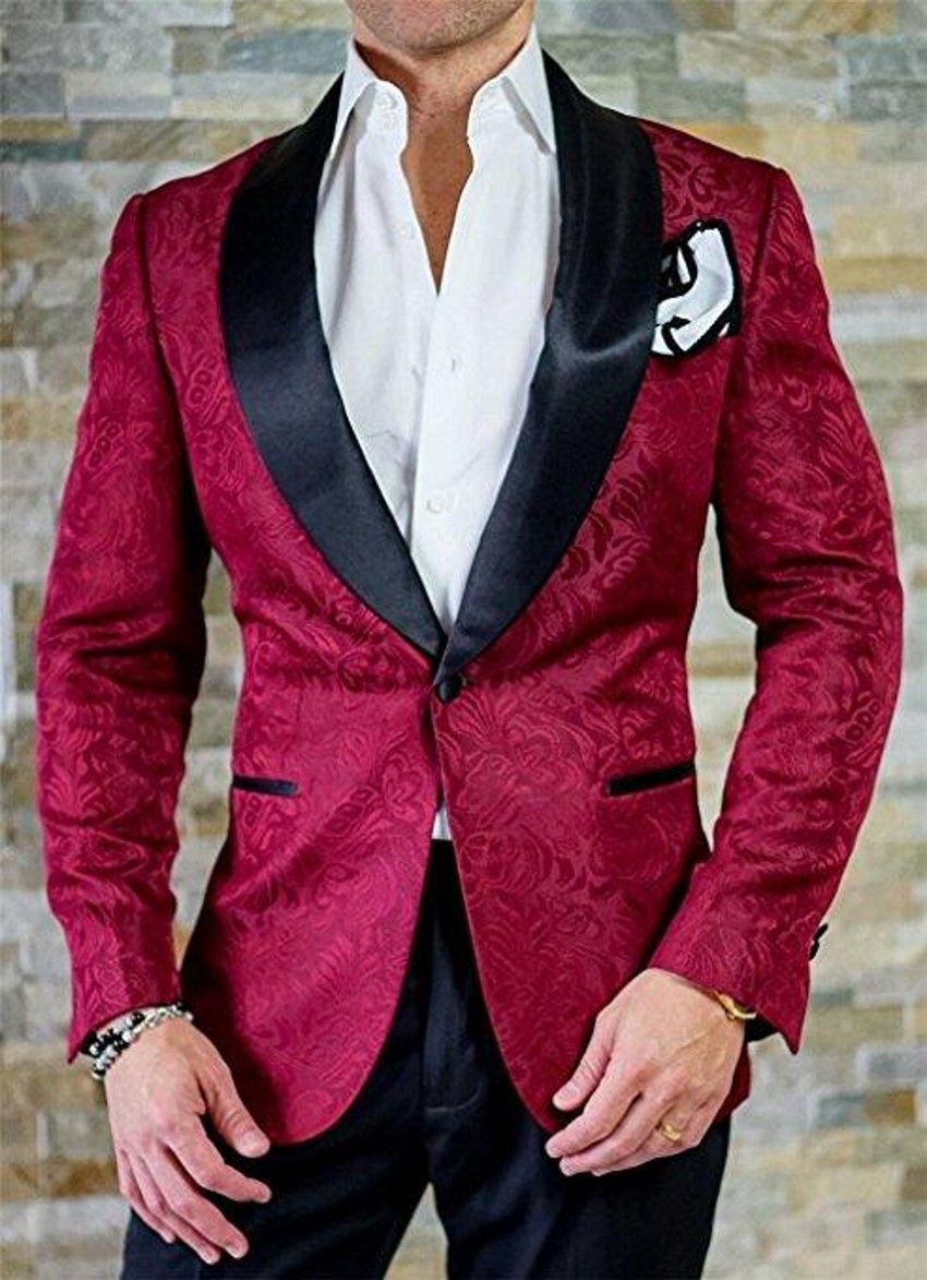 Burgundy Embossing Groom Tuxedos Shawl Lapel Groomsmen Men Formal