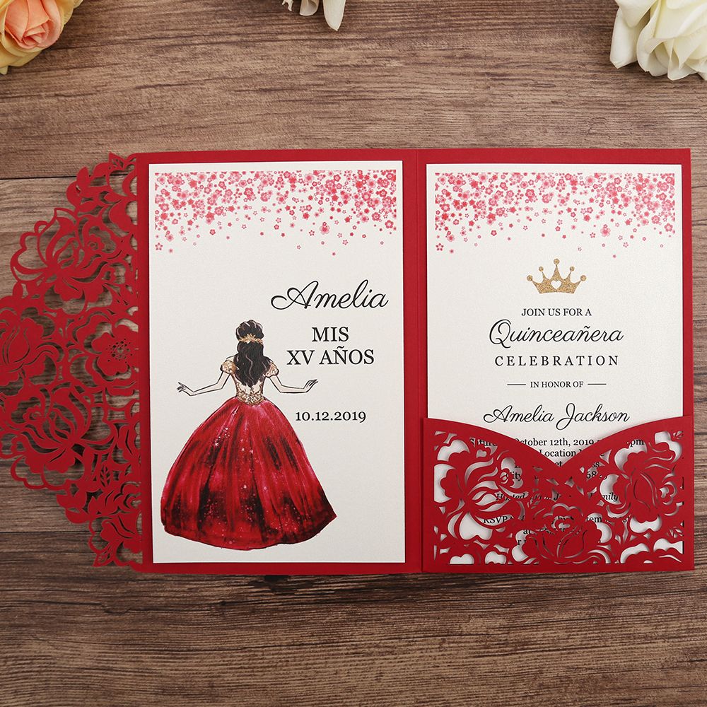 Rosa Marfil Azul marino Rojo azul de la boda Invitaciones, cortado con láser Invitación de la unión, invita de bricolaje Corte láser dulce quince con la tarjeta de RSVP Rosa Marfil Azul marino Rojo azul de la boda Invitaciones, cortado con láser Invitación de la unión, invita de bricolaje Corte láser dulce quince con la tarjeta de RSVP