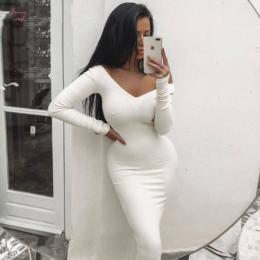 Ribbed Winter White Dress Party Bodycon Dress Women Elegant Long