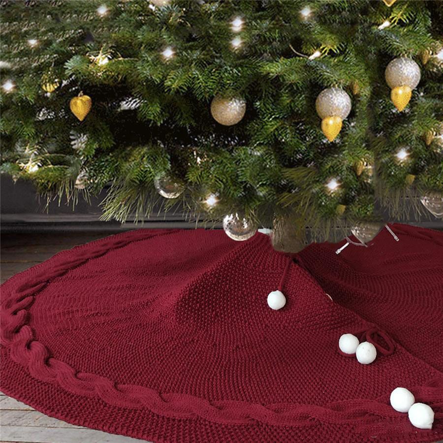 Christmas Tree Skirt 48 Inch Burgundy Knitted Thick Rustic Ruffled