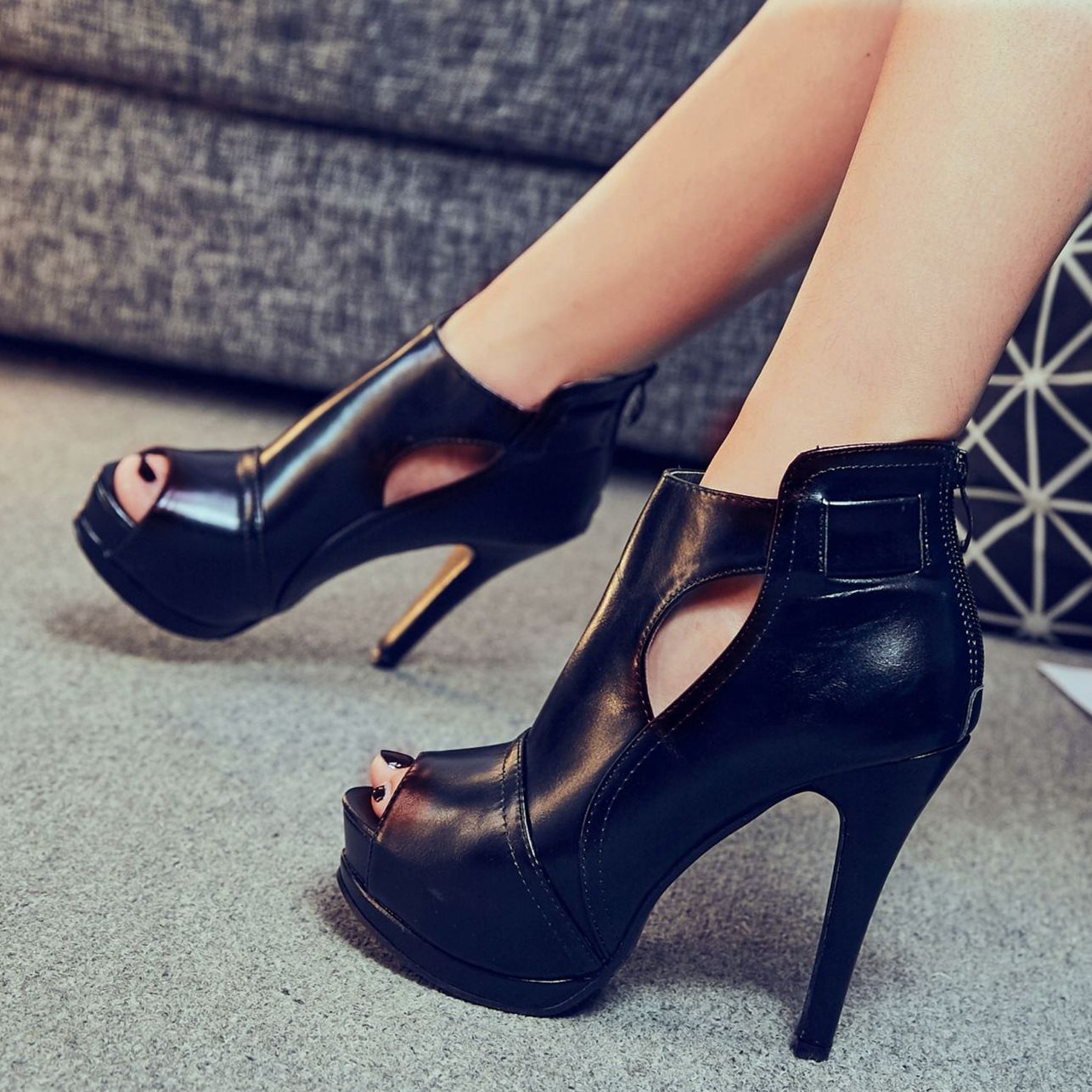 black heeled boots peep toe