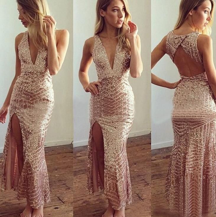 Compra Vestido De Noche Usado 2019 Vestido De Noche De Lentejuelas De Rosa  Sexy V Cuello Largo Fiesta Fiesta Formal Vestidos Dividir Barato | Entrega  Rápida Y Calidad | Es.Dhgate