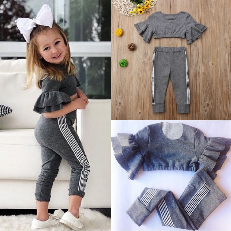 Elegante para niños pequeños, para bebés, niñas, ropa, conjunto, manga corta, pantalón pantalón gris,