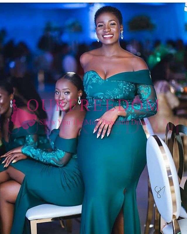 2019 South Africa Style Bridesmaid Dresses Emerled Green One Shoulder Long Sleeve Lace Appliques