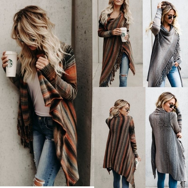 Winter Coats for Women Plus Size with Hood,Women Stripes Poncho Fall Tassels Slash Gradient Shawl Hem Fringe Loose Sweater