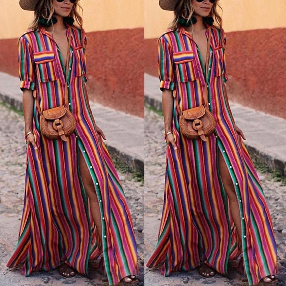 bohemia striped shirt maxi dress