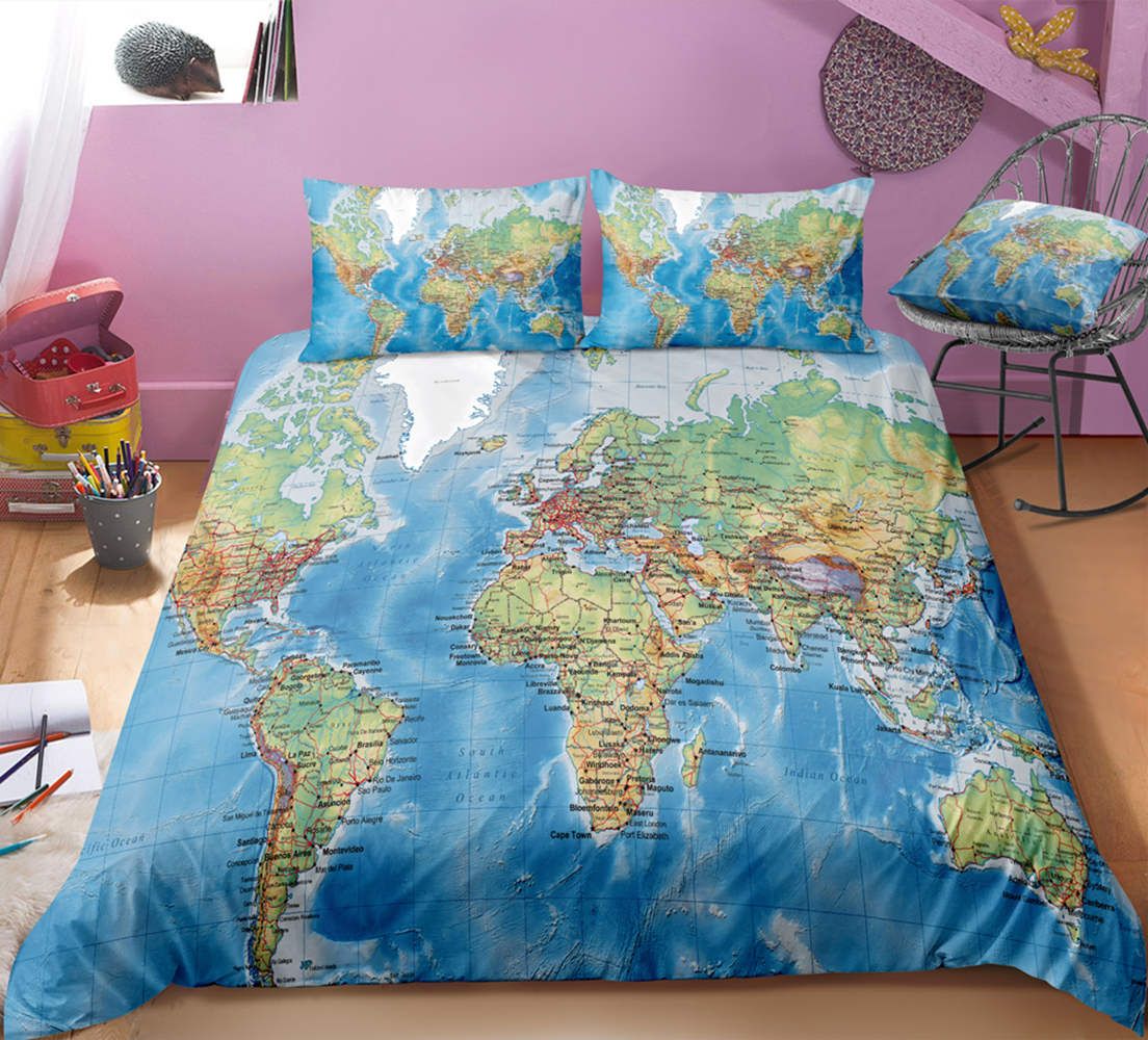 World Map Bedding Set King Size Classic, World Map Duvet Cover Twin