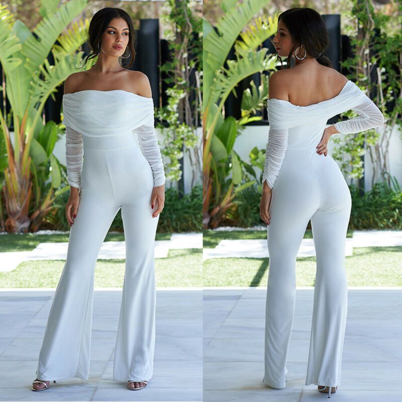 Compre Mansos De Mujer Mamelucos Sin Tirantes Mujeres Mono Mono Elegante  Boda Noche Fiesta De Hombro Manga Larga Pantalones Flacos A 30,14 € Del  Apparelone | Es.Dhgate.Com